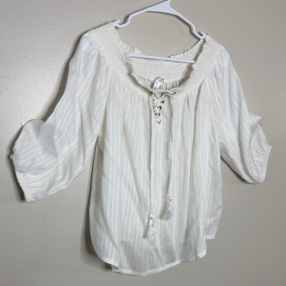LASCANA for VENUS White Lace Up Peasant Blouse Tassel Boho Top 1X - Picture 3 of 10